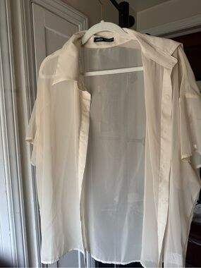 SHEIN Sheer Cream Button Front Blouse